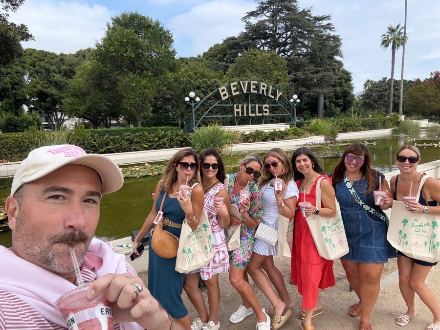 Brian and guests with Erewhon smoothies at the Beverly Hills sign by the Lily Pond